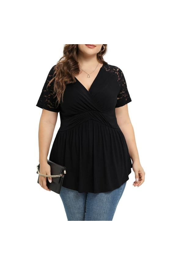 Plus Size Peplum Tops for Women Lace Short Sleeve V Neck Wrap Shirts Dressy Casual Solid Tunic Tops Summer Business Work Top