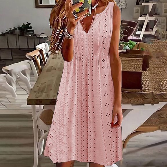 Meichang Plus Size Summer Dresses Womens Boho Eyelet Pastel Dresses Sleeveless V Neck Solid Dresses Flowy Beach Dresses Knee Length Sundresses Midi Dresses Pink XXXL