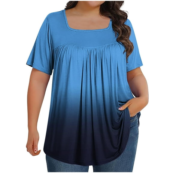 Meichang Plus Size Tops for Curvy Women Short Sleeve Square Neck Front Pleated Shirt Trendy Gradient Flowy T-Shirts Tunic Blouse