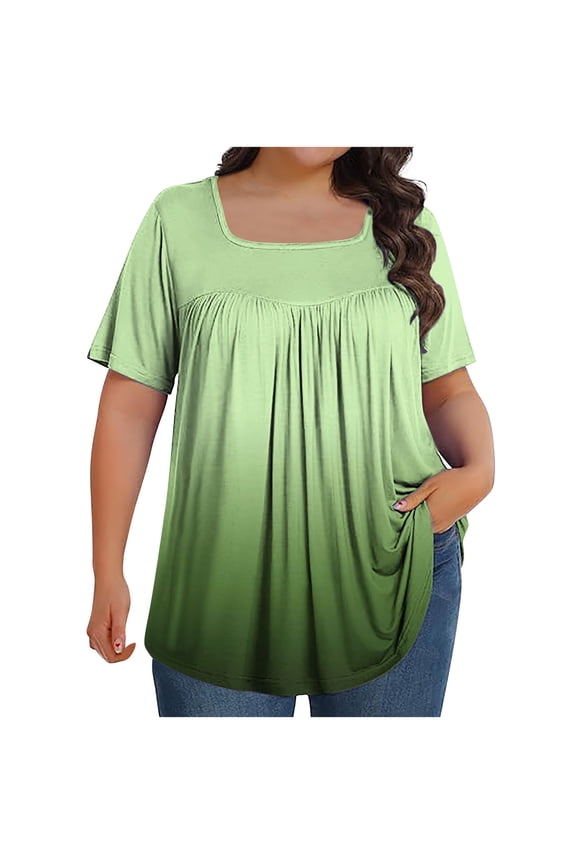 Plus Size Tops for Curvy Women Short Sleeve Square Neck Front Pleated Shirt Trendy Gradient Flowy T-Shirts Tunic Blouse