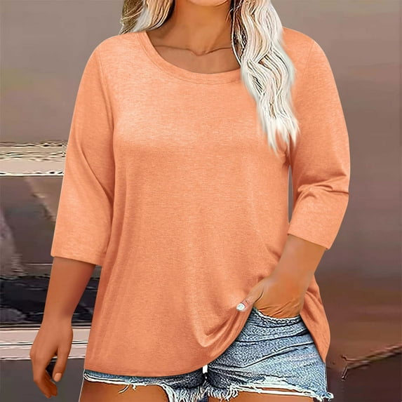 Meichang Plus Size Tops for Women Summer T Shirts 3/4 Sleeve Loose Fit Crew Neck T-Shirts Solid Casual Soft Basic Tees Blouse