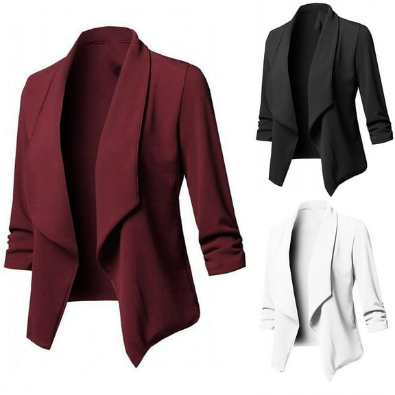 Meichang Women's Stretch 3/4 Gathered Sleeve Open Blazer Jacket Dressy Casual Lapel Work Office Blazer Solid Lightweight Suit Jacket