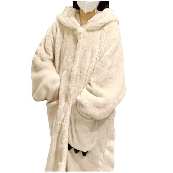 Meichang Plush Robe for Women Hooded Fleece Long Sleeve Button Down Winter Robes Fuzzy Soft Thick Warm Bathrobe Fluffy Long House Robes with Pockets