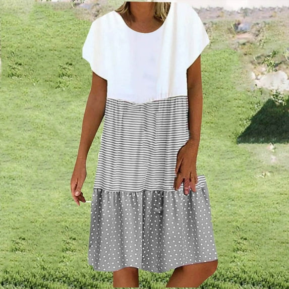 Meichang Polka Dot Midi Dresses for Women Color Block Striped Tiered Dresses Short Sleeve Round Neck Knee-Length Sun Dresses Loose Fit Casual Beach Vacation Dresses, Vestidos Para Mujer Elegantes
