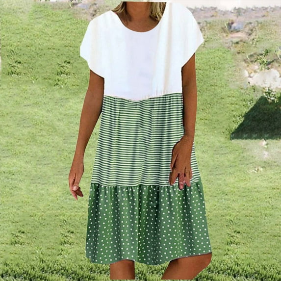 Meichang Polka Dot Midi Dresses for Women Short Sleeve Crew Neck Color Block Patchwork Tiered Dresses Loose Fit Casual Flowy, Vestidos Para Mujer Casuales