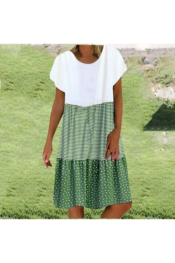 Meichang Polka Dot Midi Dresses for Women Short Sleeve Crew Neck Color Block Patchwork Tiered Dresses Loose Fit Casual Flowy, Vestidos Para Mujer Casuales