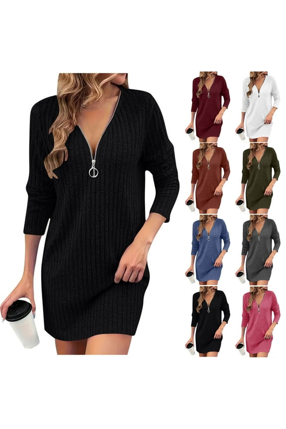 Quarter Zip Ribbed Knit Pullover Dress for Women V Neck Long Sleeve Short Sweater Dresses Fall Loose Fit Cocktail Party Mini Dresses