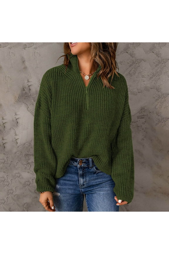 Quarter Zip Sweater Women Winter Chunky Long Sleeve Zip Neck Sweater Oversized Casual Loose Fit Solid Ribbed Knit Pullover Tops Army Green S