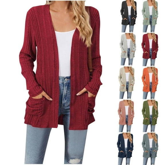 Meichang Ribbed Knit Cardigan Sweaters for Women Open Front Long Sleeve Fall Cardigans Soft Loose Fit Knit Sweater Cardigan with Pockets