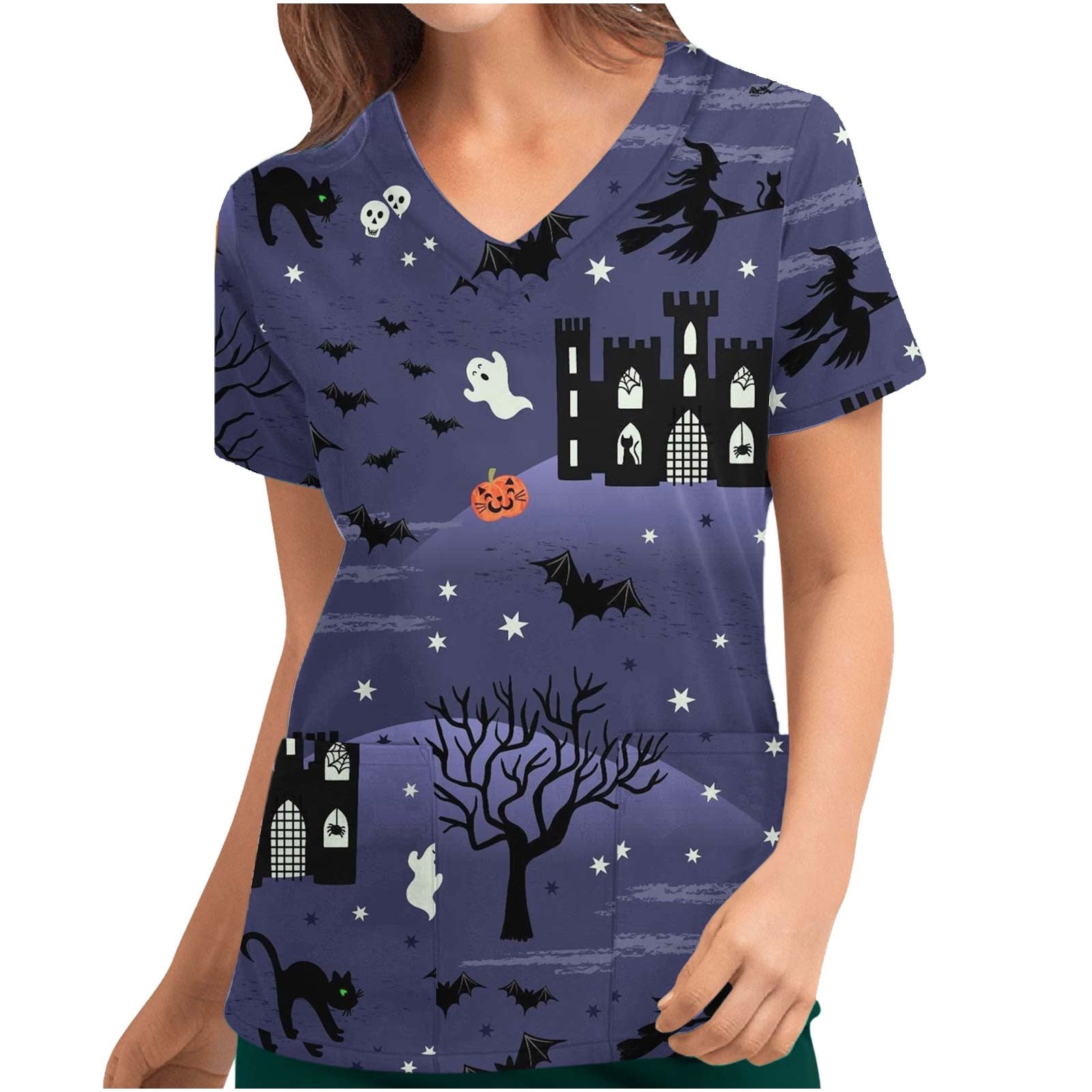 Meichang Scrubs Tops for Women Funny Halloween Graphic Print Working