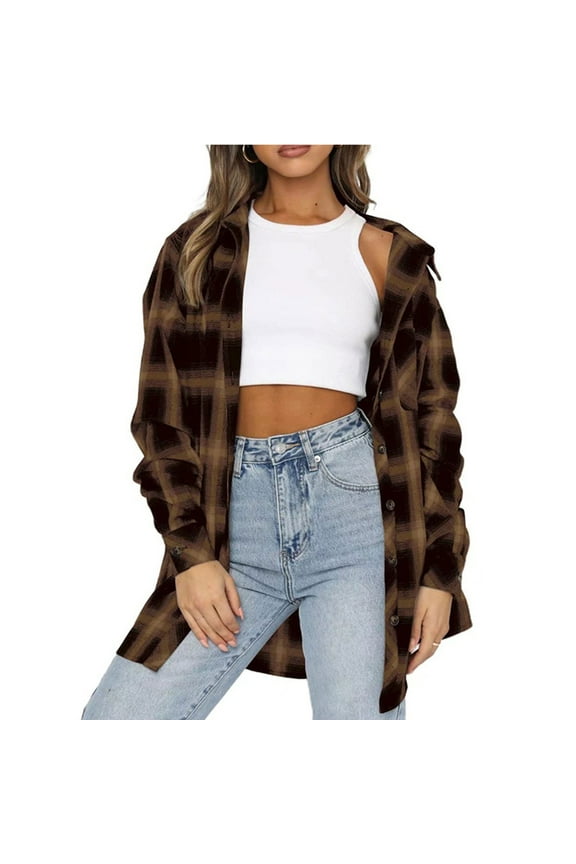 Shacket for Women Fall Loose Long Plaid Jacket Casual Lapel Button Down Coat Long Sleeve Shacket with Pocket