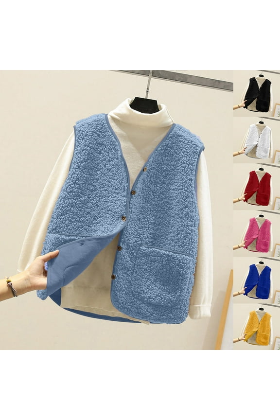 Sherpa Vest Women Sleeveless Button Down Fleece Vest Winter Warm Jacket Cropped Coat Outerwear Fuzzy Vest with Pockets