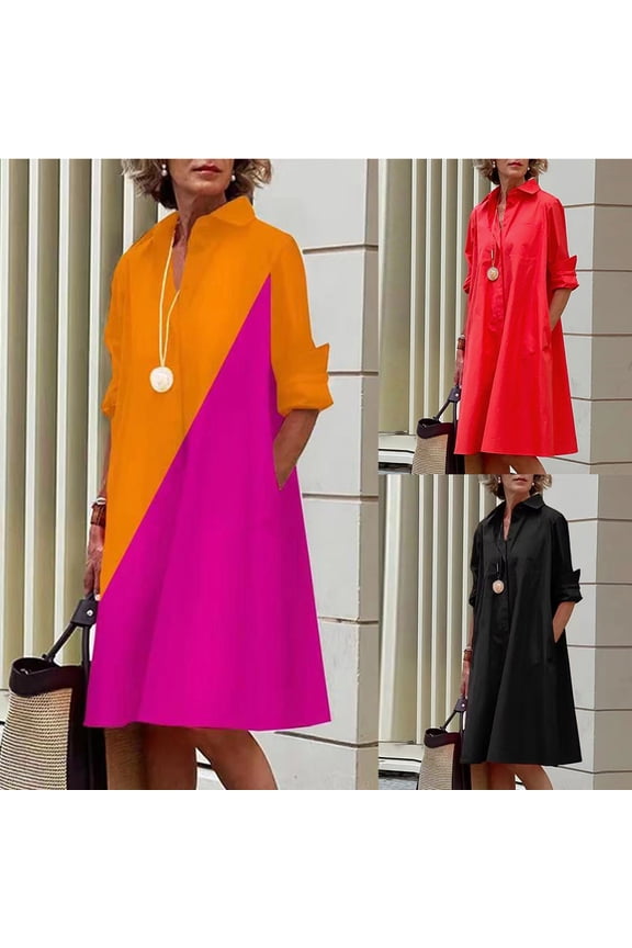 Shirt Dresses for Women Trendy Color Block Lapel Button Up Dresses Long Sleeve Loose Fit Knee Length Dresses Casual Work Dresses Midi Dresses with Pockets