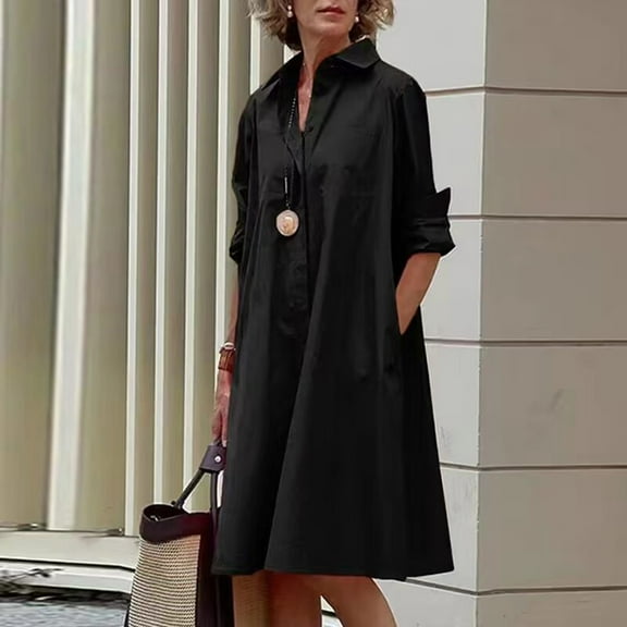 Meichang Shirt Dresses for Women Trendy Color Block Lapel Button Up Dresses Long Sleeve Loose Fit Knee Length Dresses Casual Work Dresses Midi Dresses with Pockets Black L
