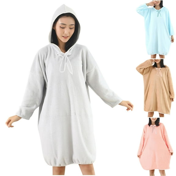 Meichang Short Robes for Women Oversized Loose Fit Long Sleeve Hooded Robe Cozy Soft Pullover Bathrobe