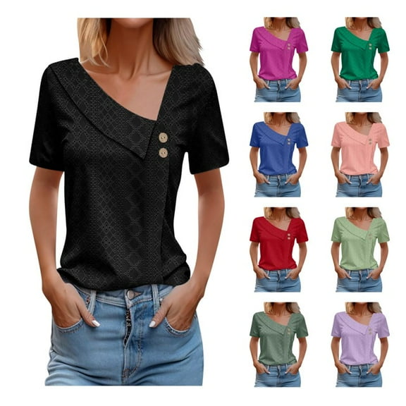 Meichang Short Sleeve Button Up Shirts for Women Solid V Neck Eyelet Tops Dressy Casual Loose Fit T Shirts Business Work Blouses Trendy Tunic Tops Mint Green XL