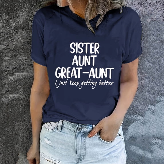 Meichang Sister Aunt Great Aunt Shirts for Women Short Sleeve Tops Funny Letter Graphic Crwe Neck T Shirts Loose Fit Casual Summer Mom Tees Shirts Blouses Navy L