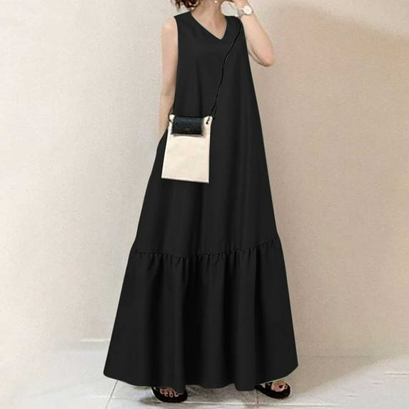 Meichang Sleeveless Long Maxi Dresses for Women Summer V Neck Cotton Linen Sundresses Swing Loose Fit Ruffle Hem Long Dress Women Summer Dresses