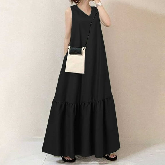 Meichang Sleeveless Long Maxi Dresses for Women Summer V Neck Cotton Linen Sundresses Swing Loose Fit Ruffle Hem Long Dress Women Summer Dresses