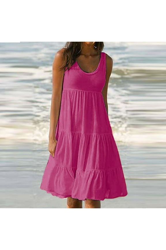 Sleeveless Sundresses for Women Plus Size U Neck Tiered Dresses Solid Casual A-Line Mini Dresses Flowy Beach Sundresses Tank Dresses Hot Pink XXXXXL