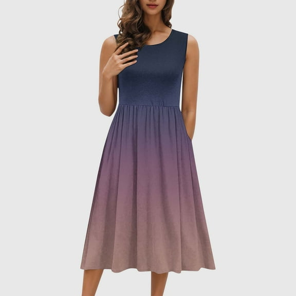Meichang Sleeveless Sundresses for Women Summer Gradient Print Pleated Waist A-Line Dresses Swing Loose Fit Casual Dresses with Pockets Crew Neck Midi Dresses