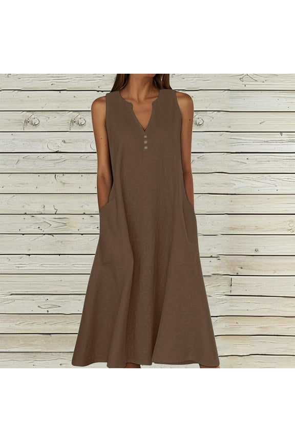 Meichang Sleeveless Sundresses for Women Summer Casual Button V Neck Cotton Linen Dresses Plus Size Midi Dress Linen Beach Vacation Long Dresses