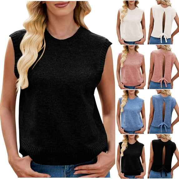 Meichang Sleeveless Sweater Vest for Women Fall Crew Neck Cutout Slit Back Knit Vest Solid Loose Fit Lightweight Pullover Sweater