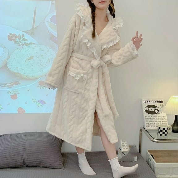 Meichang Soft Fuzzy Robe for Women Hooded Lace Trim Patchwork Plush Fleece Long Sleeve Winter Bathrobe Fluffy Cozy Kimono Robes with Pockets Lounge Robe