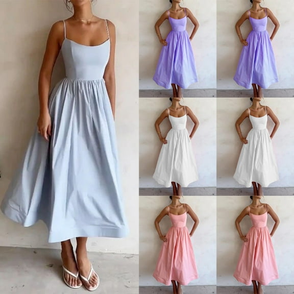 Meichang Spaghetti Strap Dresses for Women Summer Sleeveless Corset Dress A-Line Pleated Swing Maxi Dresses Casual Beach Sundresses