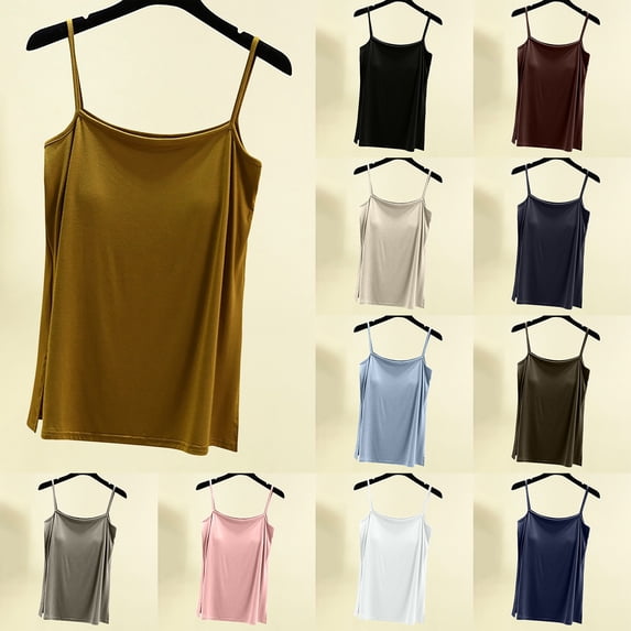 Meichang Spaghetti Strap Tank Tops for Women Built in Bra Loose Sleeveless Cami Shirts Basic Solid Soft Comfy Sleepwear Camisoles