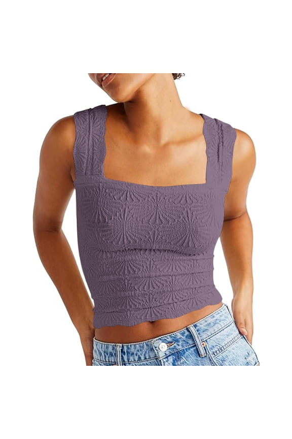 Square Neck Tank Tops for Women Crop Top Tank Tops Solid Stretchy Slim Fit Sleeveless Shirts Summer Wide Straps Undershirt Workout Tank Top