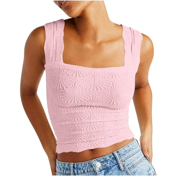 Meichang Square Neck Tank Tops for Women Crop Top Tank Tops Solid Stretchy Slim Fit Sleeveless Shirts Summer Wide Straps Undershirt Workout Tank Top
