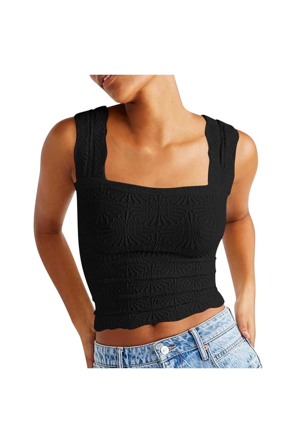 Square Neck Tank Tops for Women Crop Top Tank Tops Solid Stretchy Slim Fit Sleeveless Shirts Summer Wide Straps Undershirt Workout Tank Top