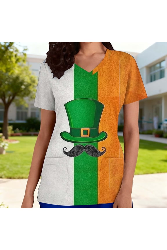 St Patricks Day Scrubs for Women Shamrock Graphic Nurse Uniforms with Pockets Short Sleeve Tops V Neck Working Uniforms St Patricks Day Tops for Women