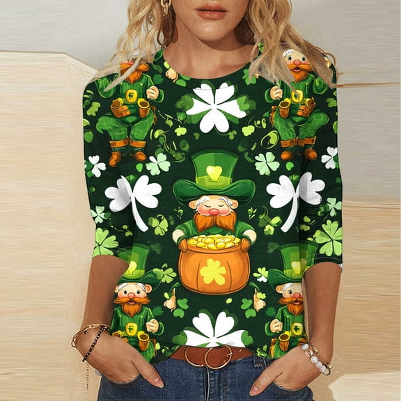 Meichang St Patricks Day Shirts for Women 3/4 Length Sleeve Women Tops Shamrock Graphic Tees Holiday Crew Neck Three Quarter Length Loose Fit Summer Blouses