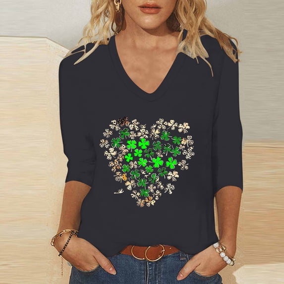 Meichang St Patricks Day Shirts for Women V Neck 3/4 Length Sleeve Women Tops Shamrock Graphic Tees Crew Neck Casual Irish Tops