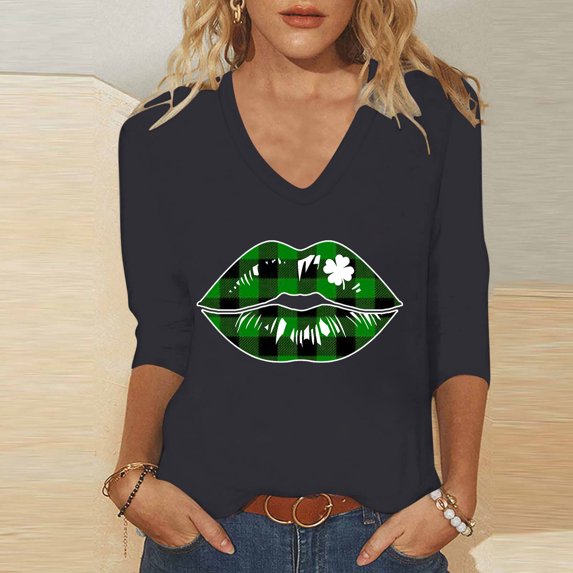 Meichang St Patricks Day Shirts for Women V Neck 3/4 Length Sleeve Women Tops Shamrock Graphic Tees Crew Neck Casual Irish Tops