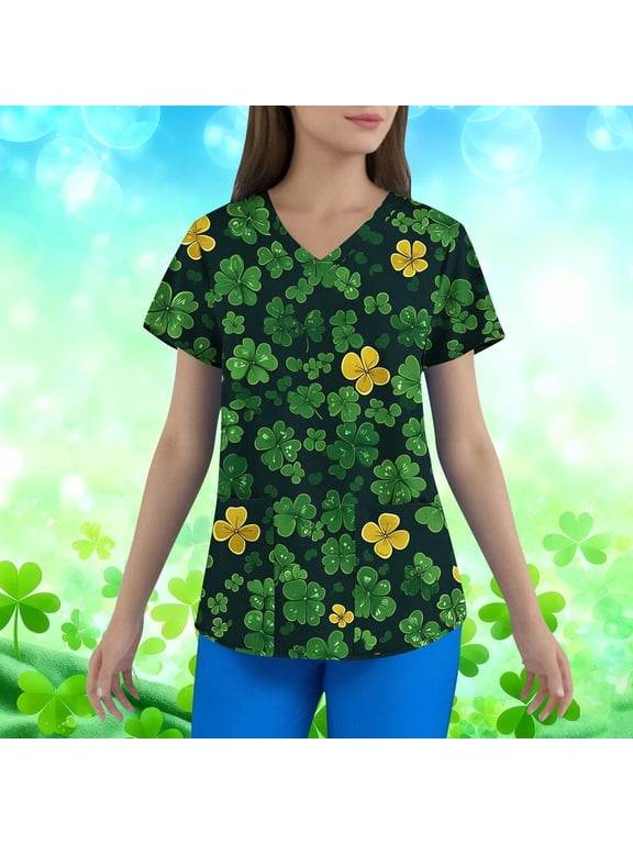 St Patricks Day Working Uniforms Women V Neck Short Sleeve Scrub Tops Shamrock Graphic Tees Nurse Uniforms with Pockets