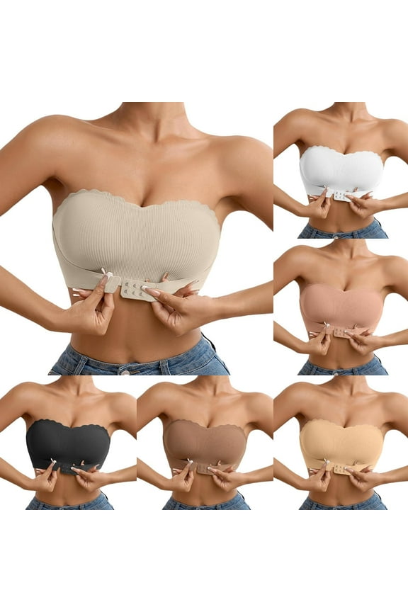 Strapless Push Up Bras for Women Ribbed Half Bras Front Closure Seamless Push Up Tube Bras No Underwire Full Coverage Bandeau Bras