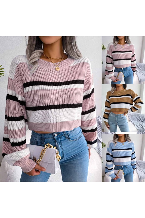 Striped Sweater Women Trendy Long Sleeve Crew Neck Navel Exposed Crop Top Knitted Pullover Sweater Loose Fit Fall Sweaters Jumpers Tops