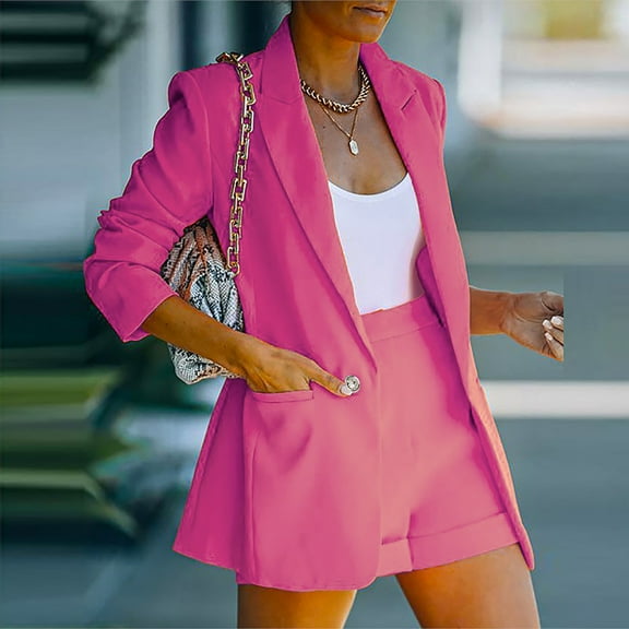 Meichang Suit Set for Women Fall Casual Long Sleeves Blazer Single Button Outfits Loose Fit Shorts Business Solid Color Suit Set