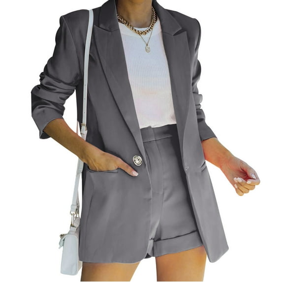 Meichang Suit Set for Women Fall Casual Long Sleeves Blazer Single Button Outfits Loose Fit Shorts Business Solid Color Suit Set