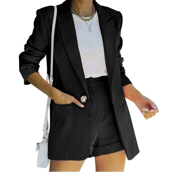 Meichang Suit Set for Women Fall Casual Long Sleeves Blazer Single Button Outfits Loose Fit Shorts Business Solid Color Suit Set