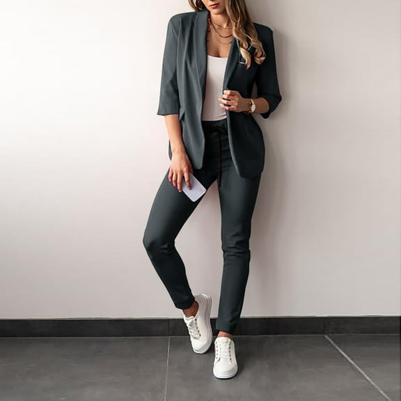 Meichang Summer 2 Piece Outfit for Women Casual 3/4 Sleeve Open Front Blazer And Slim Drawstring Pants Basic Solid Work Suits Set