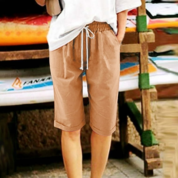 Meichang Summer Bermuda Shorts for Women Trendy Drawstring Waist Knee Length Shorts Plus Size Straight Leg Long Shorts with Pockets