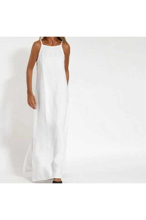 Summer Cami Dresses for Women 2024 Casual Cotton Linen Maxi Dresses Basic Solid Spaghetti Straps Long Dresses Loose Fit Side Slit Swing Dresses White XXXL