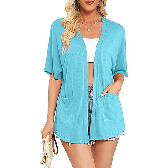 Meichang Summer Cardigan for Women Basic Solid Half Sleeve Kimono Cardigans Soft Loose Fit Open Front Cardigans Casual Cover Up Tops with Pockets Sky Blue L