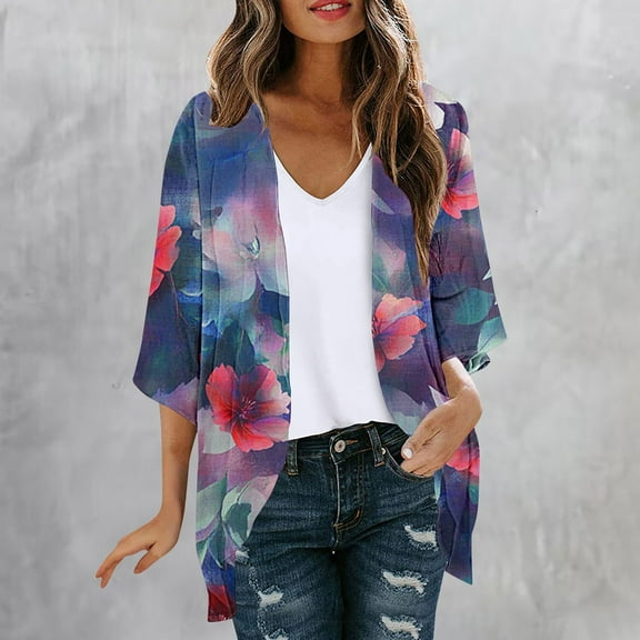 Meichang Summer Cardigan for Women Lightweight Kimono Cardigans 3/4 Sleeve Floral Print Kimono Cardigan Open Front Loose Beach Cover Up Casual Chiffon Cardigans