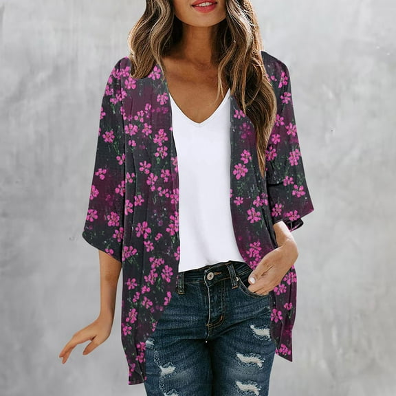 Meichang Summer Cardigan for Women Lightweight Kimono Cardigans Boho Floral Print Chiffon Cardigan Open Front Loose Fit Beach Wear Cover Up Womens Kimonos