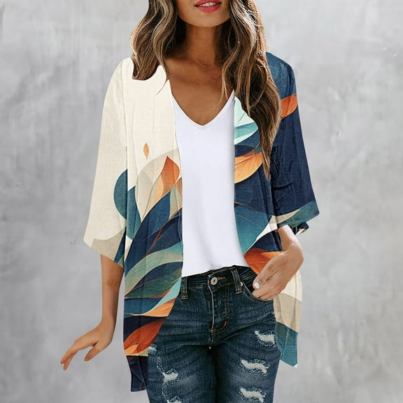 Meichang Summer Cardigan for Women Lightweight Kimono Cardigans Open Front Chiffon Kimono Cardigan Boho Floral Print Kimonos Casual Beach Wear Cover Up Blouse Top